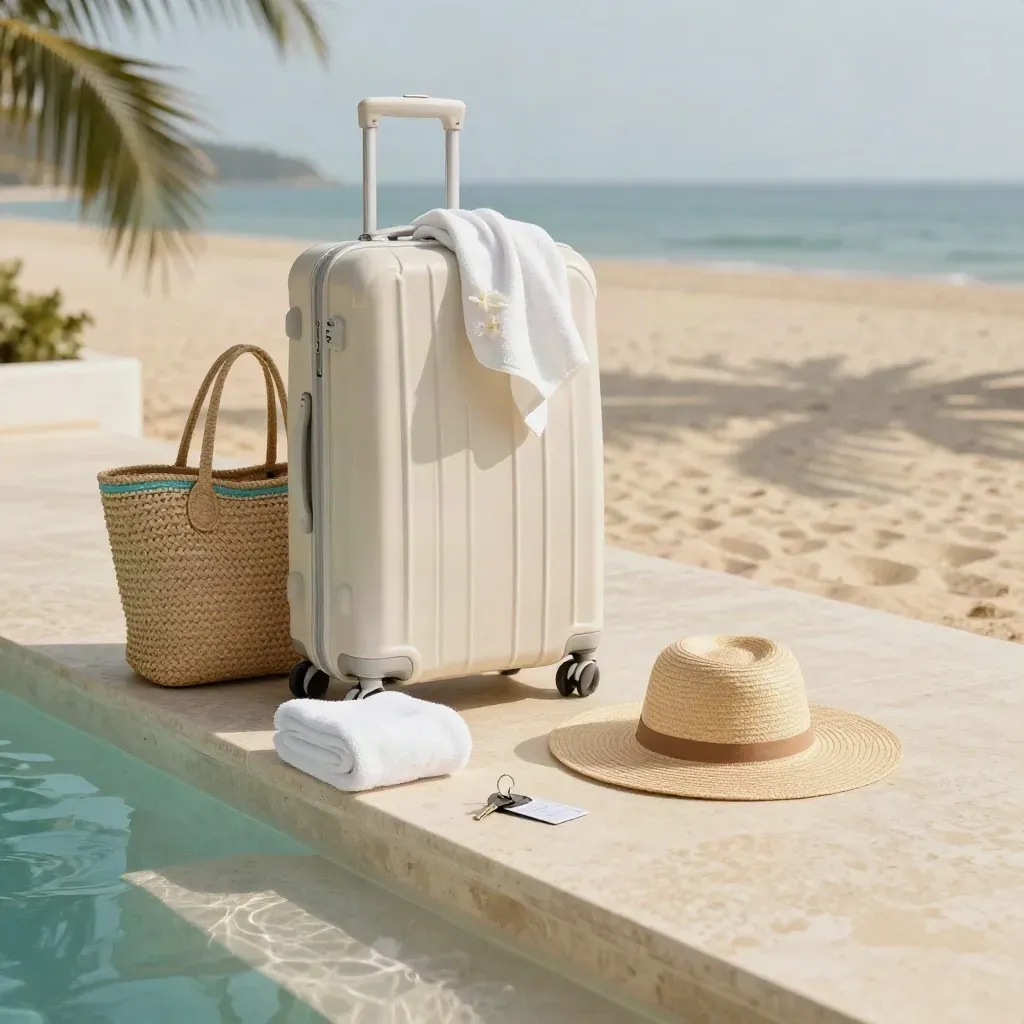 Paquete vacacional en terraza de resort con maleta, bolso de rafia, toalla y sombrero junto a la piscina.