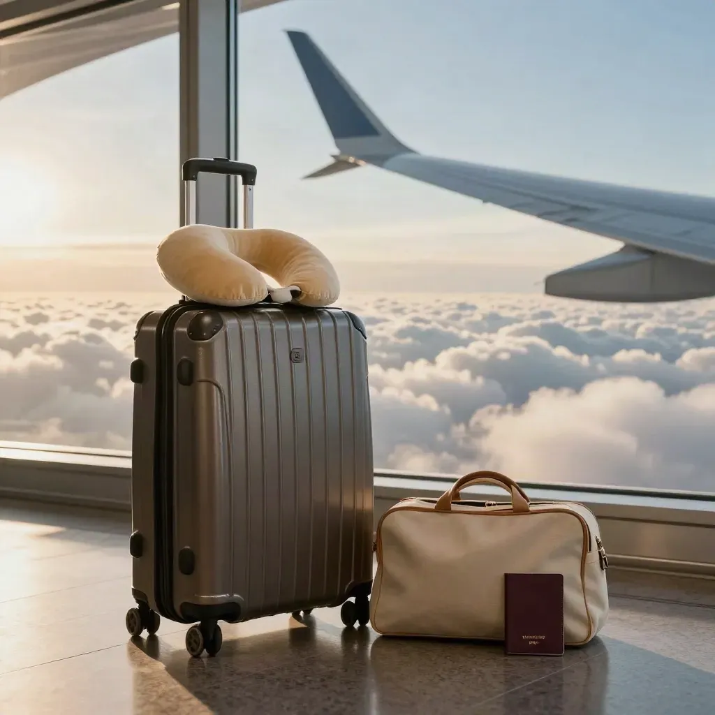Maleta, almohada cervical y funda de pasaporte junto a la ventana del terminal con un ala de avión fuera.