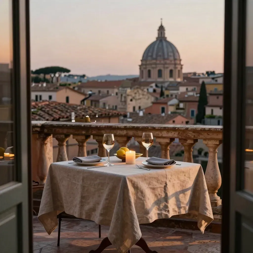 Terraza boutique en Roma con mesa para dos, vela baja y tejados antiguos al fondo.