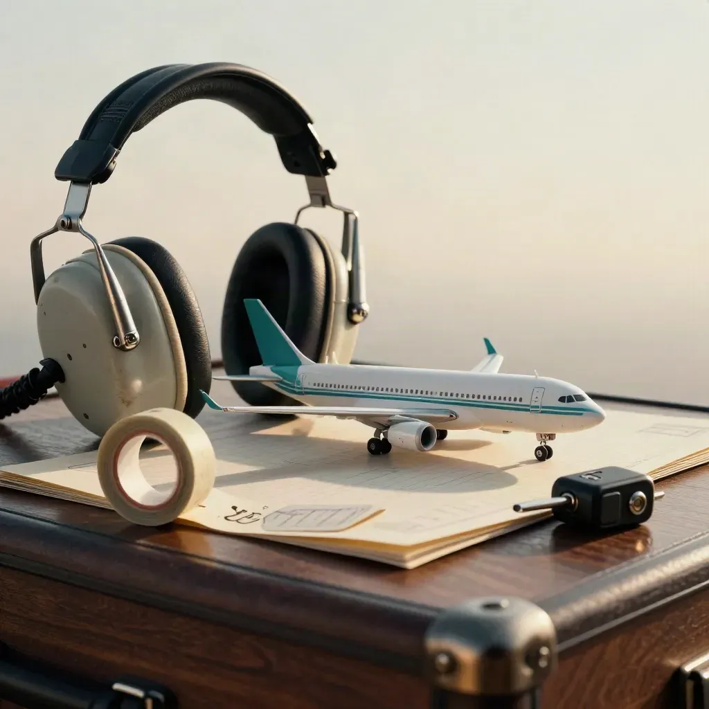 Auriculares de aviación, maqueta de avión y candado de maleta sobre madera oscura.