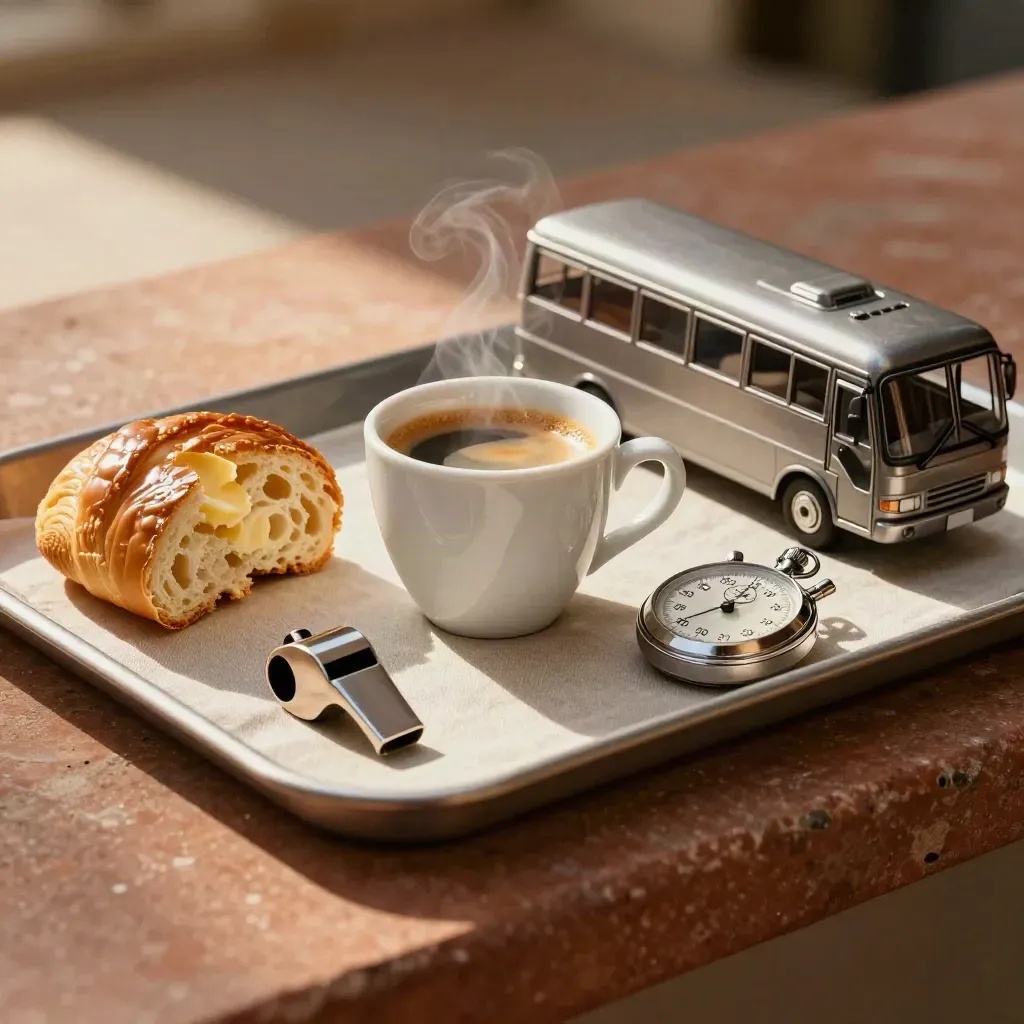 Bandeja de pausa de ruta con café, bollería, silbato, cronómetro y mini autobús metálico.