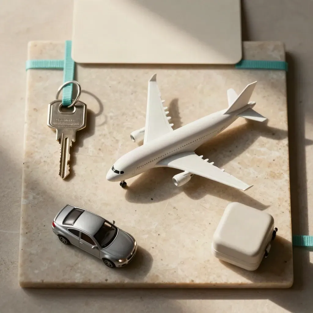 Flatlay cenital de mini avión, llave de hotel, coche de traslado y cubo de equipaje sobre piedra clara.